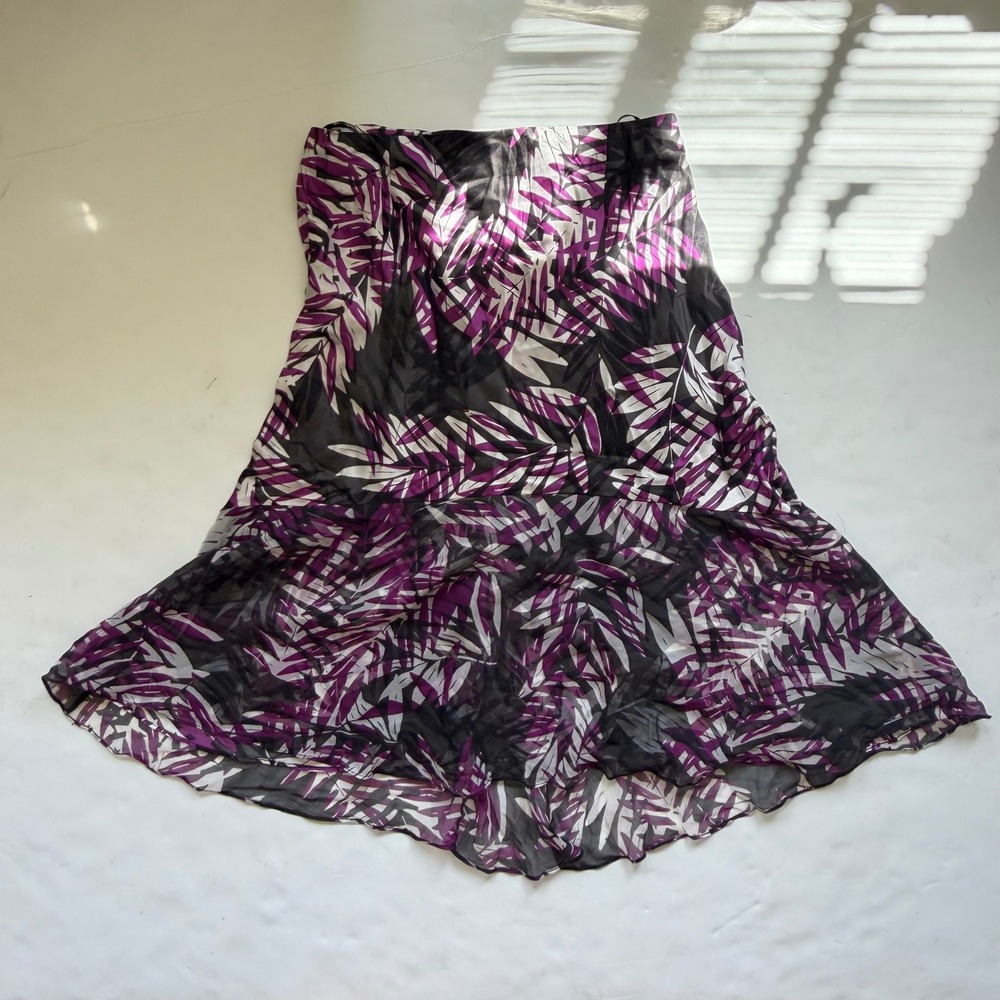 Alfani Purple Palm Print 100% Silk Midi Skirt Y2K Lowrise Whimsigoth femme 6
